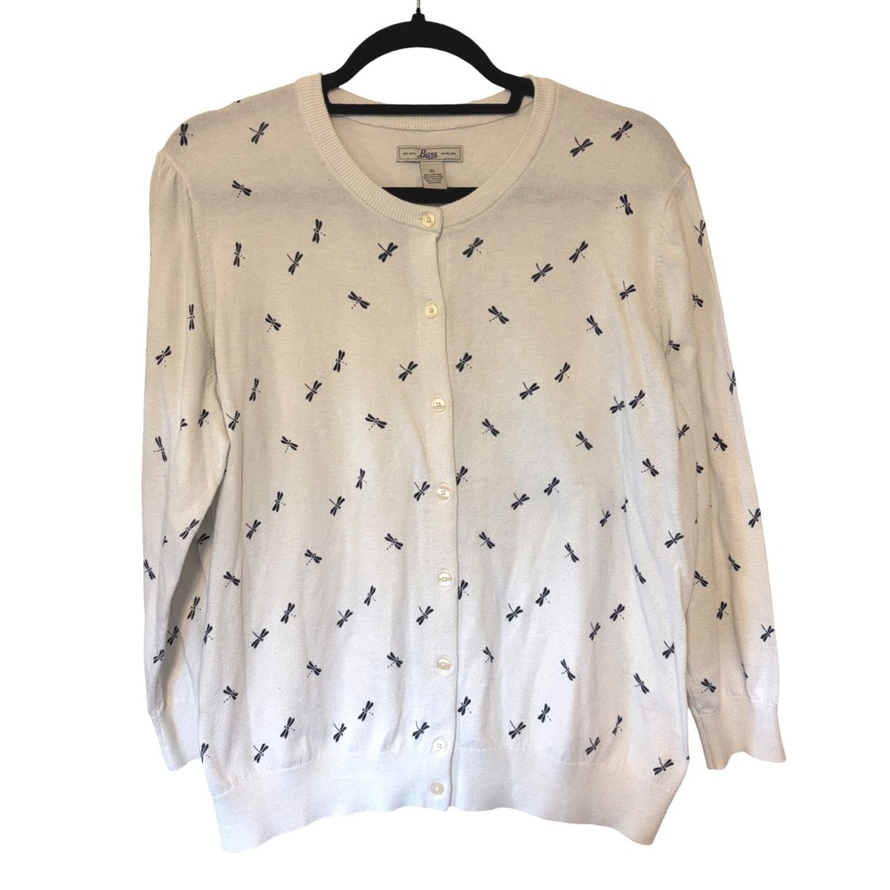 Dragonfly Insect Novelty Print Cardigan White Knit Y2K Button Down Sweater XL